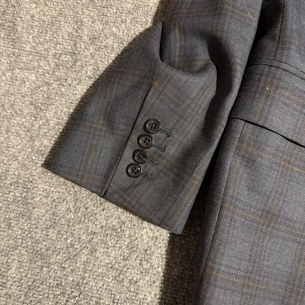 Tom James Executive Collection Blazer Mens 44 Blue Plaid 2 Button Suit Jacket
